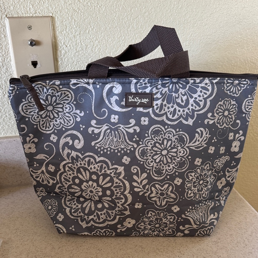 thirty-one Gray Floral Tote with Neutral Pattern